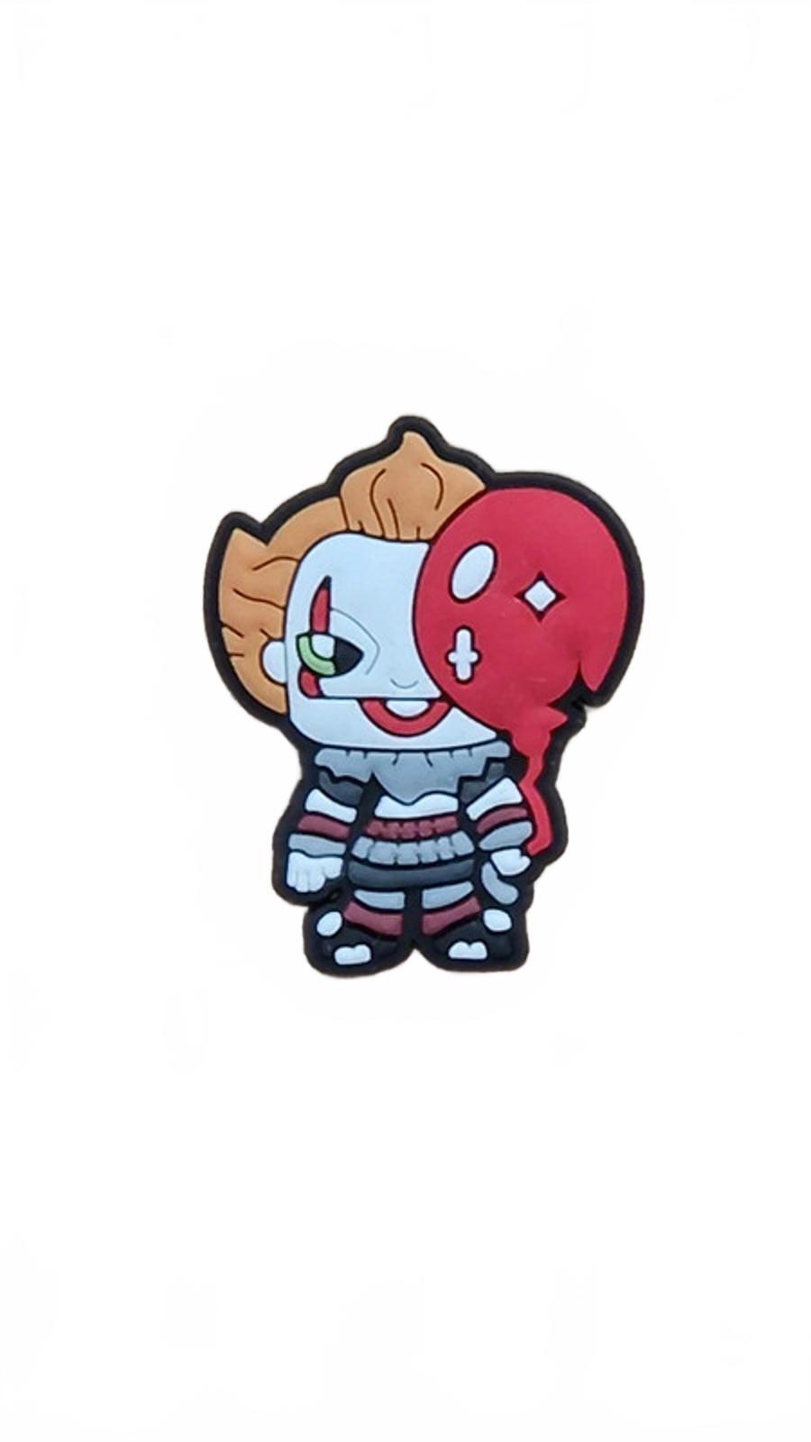 Scary clown with orange hair holding red balloon Halloween shoe charm