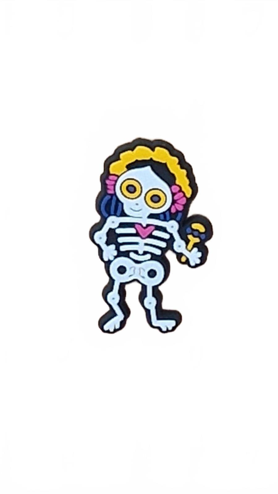 Colorful skeleton character with floral headband on a white background shoe charm