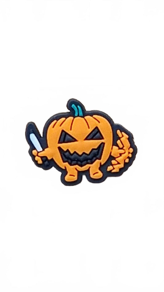 Creepy walking pumpkin holding knife and shield Halloween shoe charm