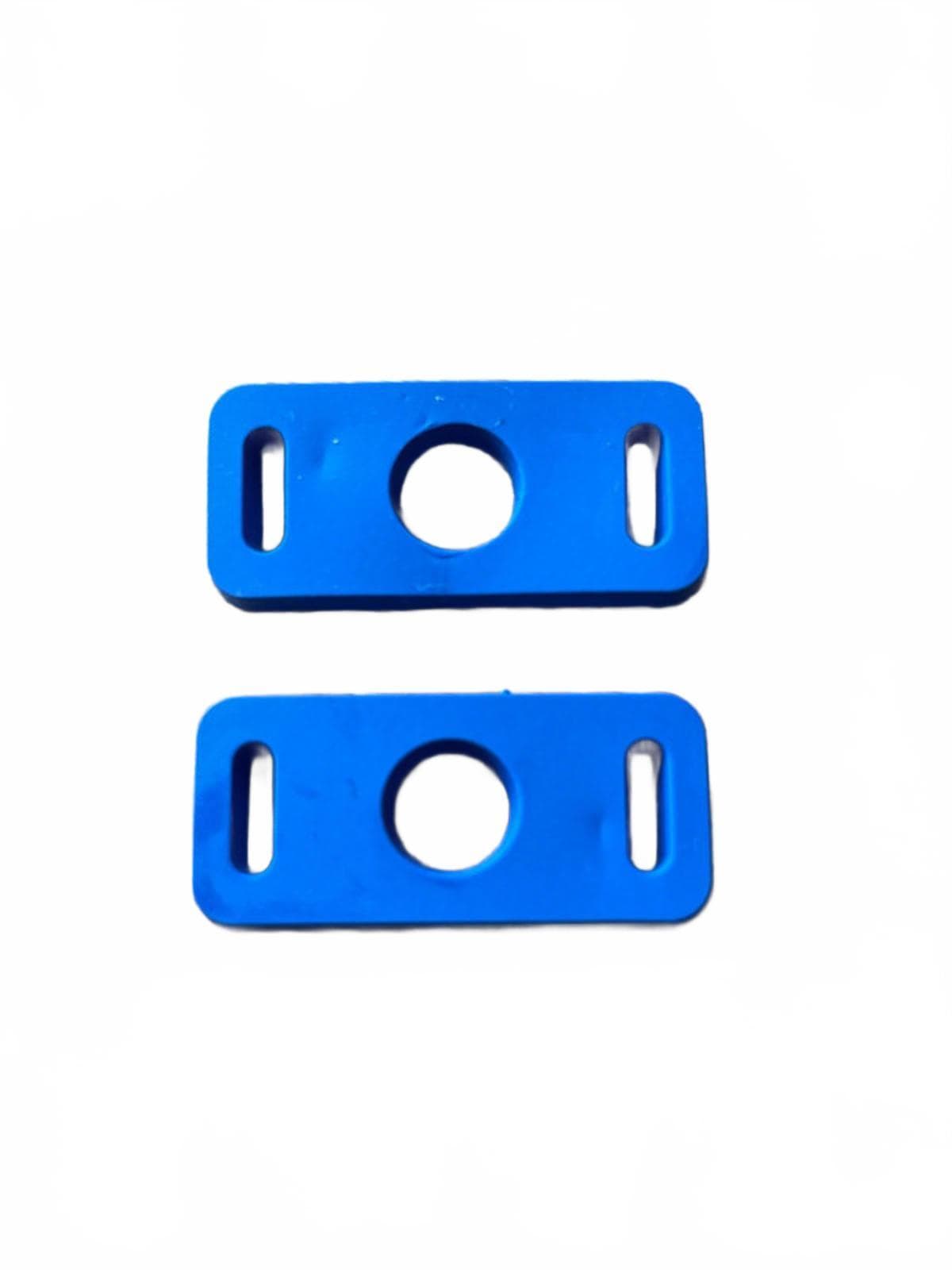 Two dark blue clip shoe adaptor on a white background
