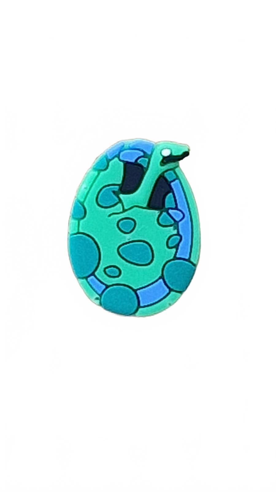 Baby green dinosaur hatching from green and blue dinosaur egg shoe charm