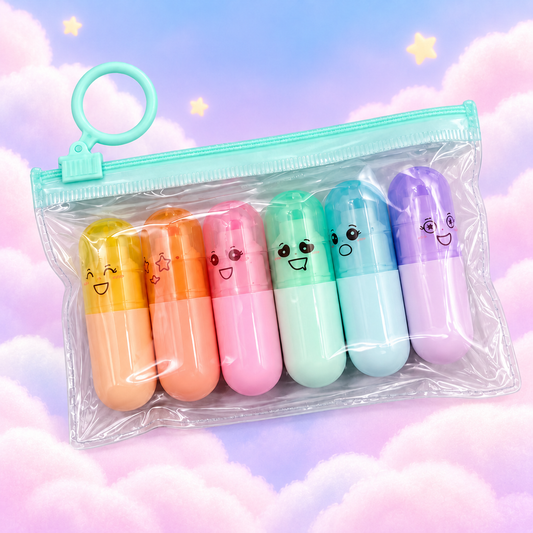 Kawaii Mini Highlighter Set – 6 Colours with Pouch 🌈💕