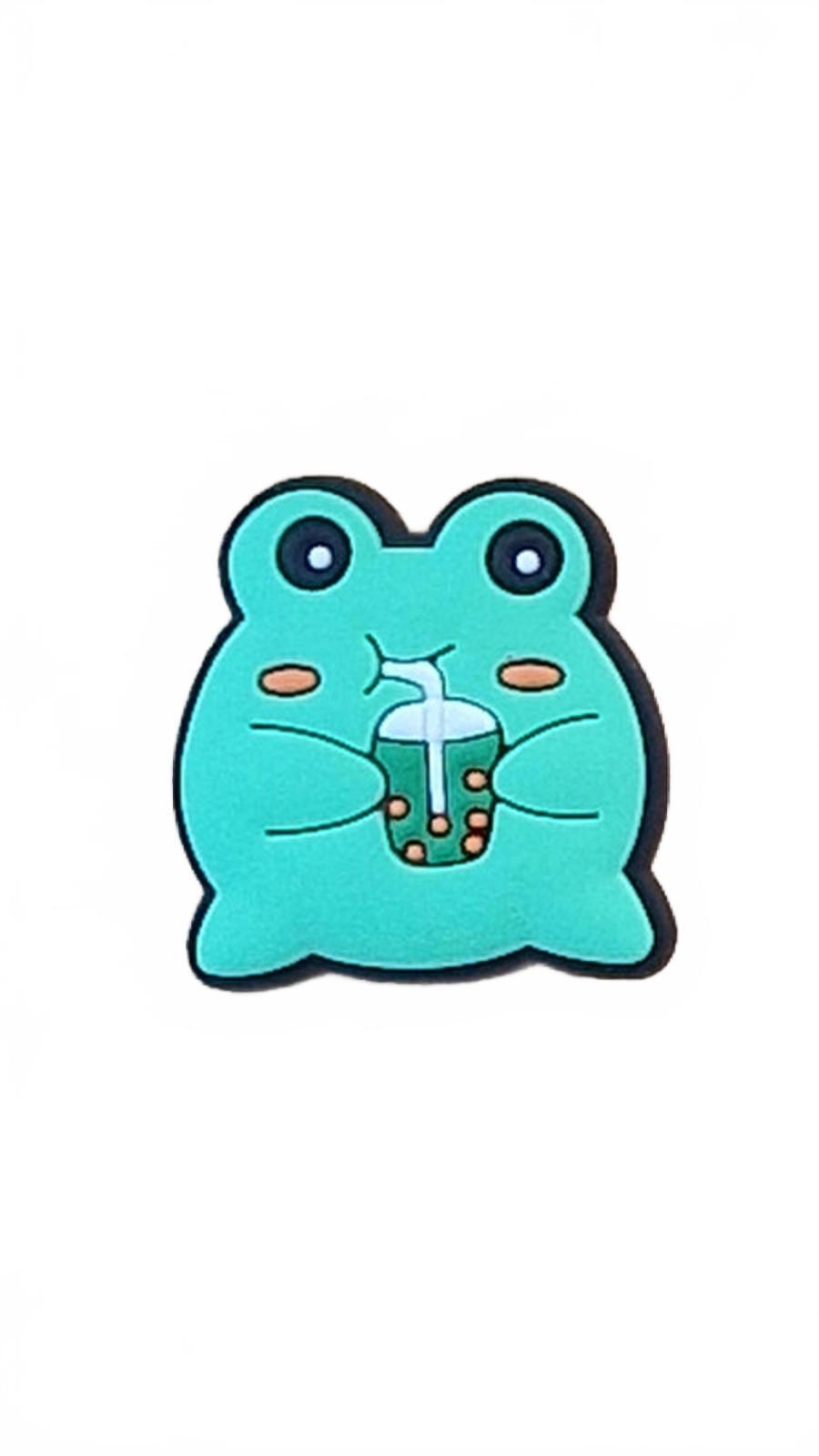 Cute round green frog with pink cheeks drinking bubble tea shoe charm