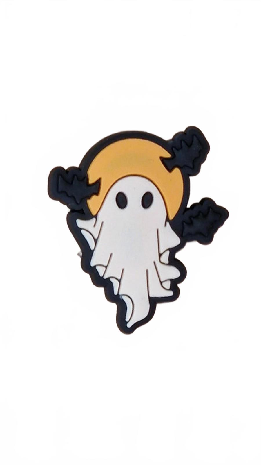 Ghost in front of orange moon with bats Halloween shoe charm 
