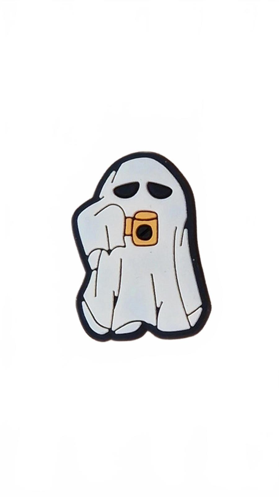 Tired ghost drinking from orange cup Halloween shoe charm