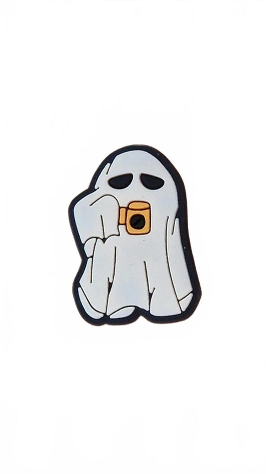 Tired ghost drinking from orange cup Halloween shoe charm