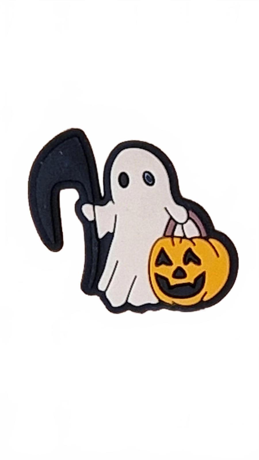 Cartoon style ghost holding scythe and pumpkin bag Halloween shoe charm