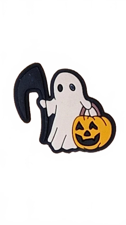 Cartoon style ghost holding scythe and pumpkin bag Halloween shoe charm