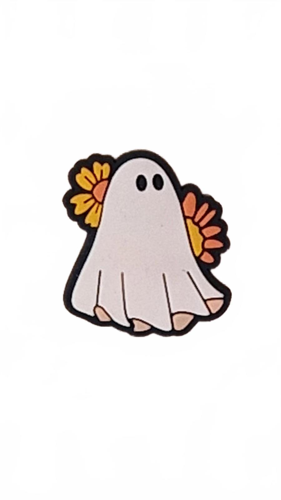 Cute ghost standing in front of 2 large orange sun flowers Halloween shoe charm