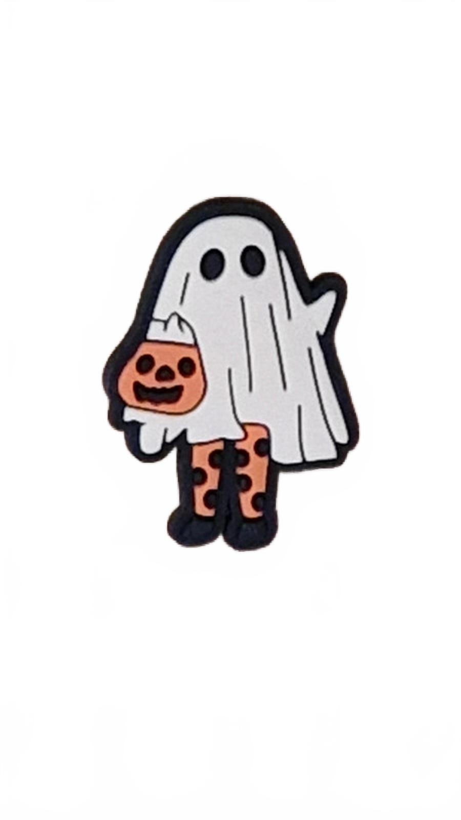 Cute ghost outfit with matching orange and black stockings with pumpkin bucket Halloween shoe charm