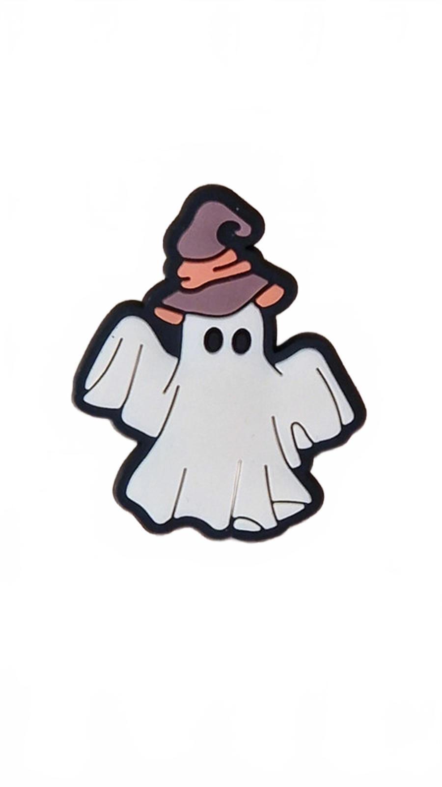 Beige ghost wearing brown and orange hat Halloween shoe charm
