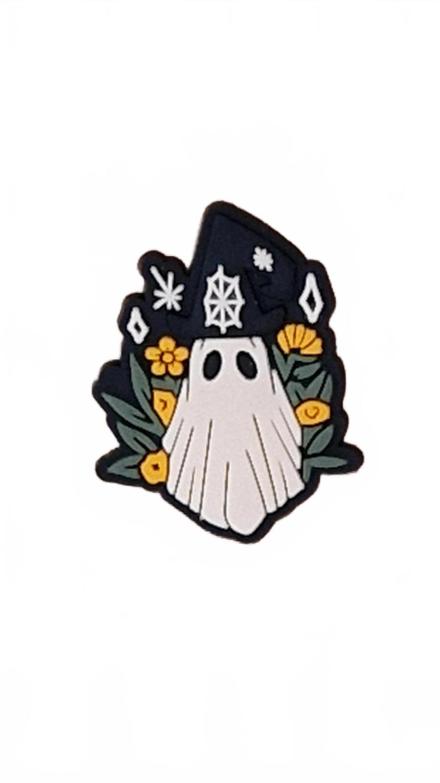 Ghost wearing hat with flowers Halloween shoe charm