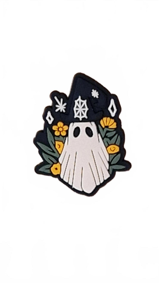 Ghost wearing hat with flowers Halloween shoe charm