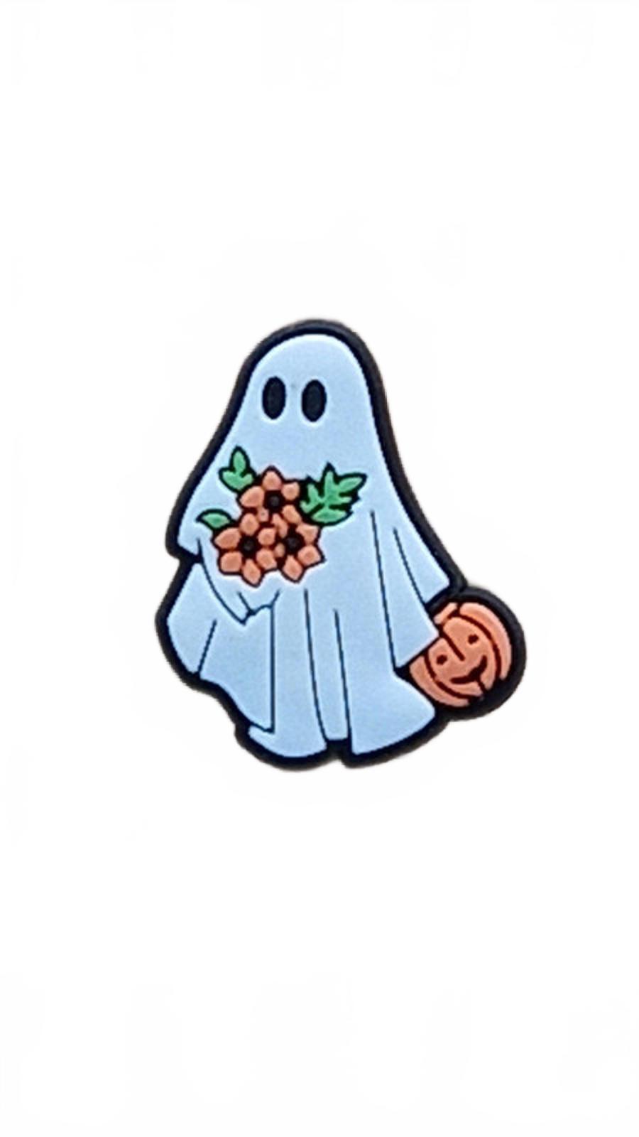 Cute ghost holding bunch of flowers and pumpkin Halloween shoe charm
