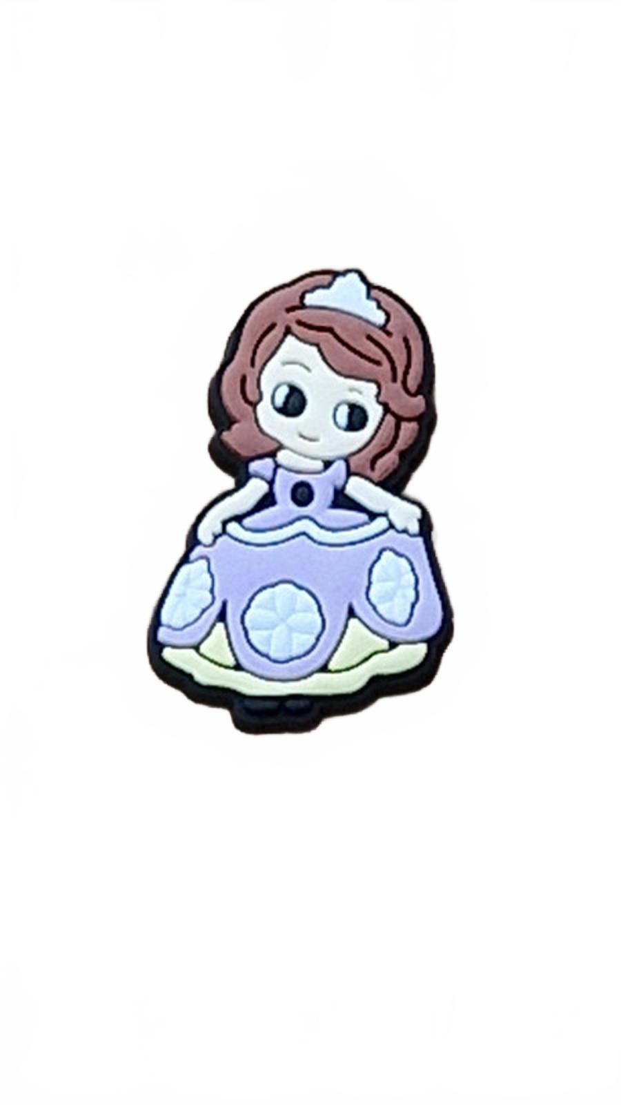 Cute girl in lilac and purple dress with brown hair bowing shoe charm