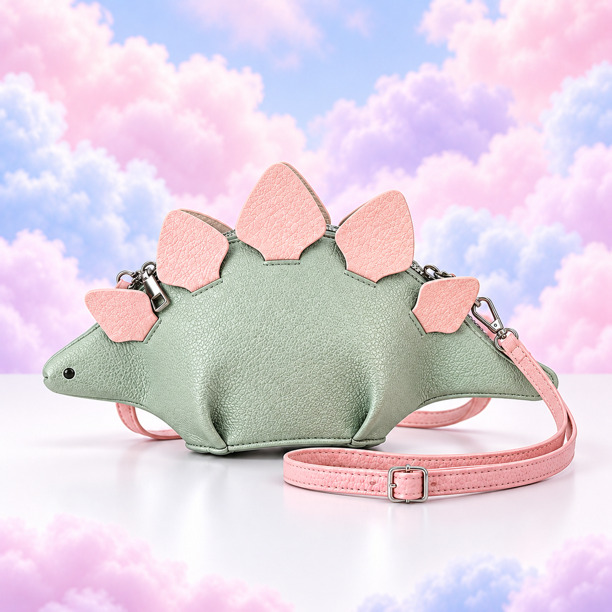 Pastel green stegosaurus crossbody bag with pink back plates and an adjustable pink strap.

