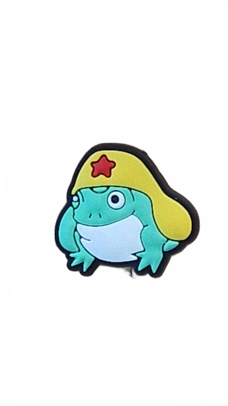 Cute grumpy frog wearing yellow hat with giant red star shoe charm
