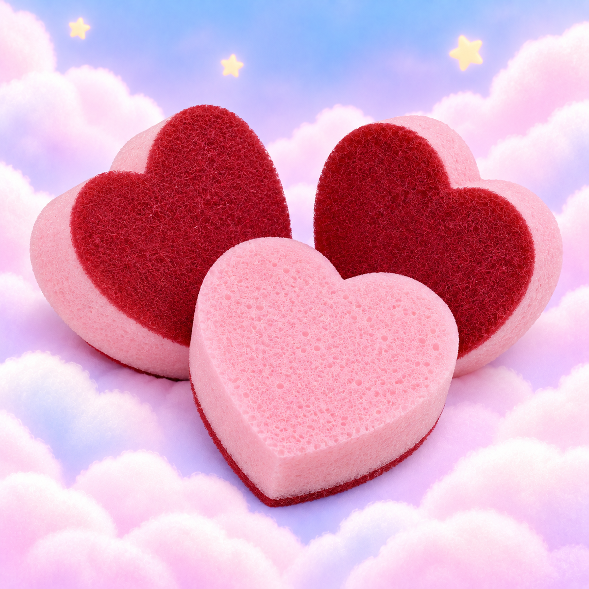 Three heart-shaped kitchen sponges with pink foam and red scouring sides on a pastel cloud background.