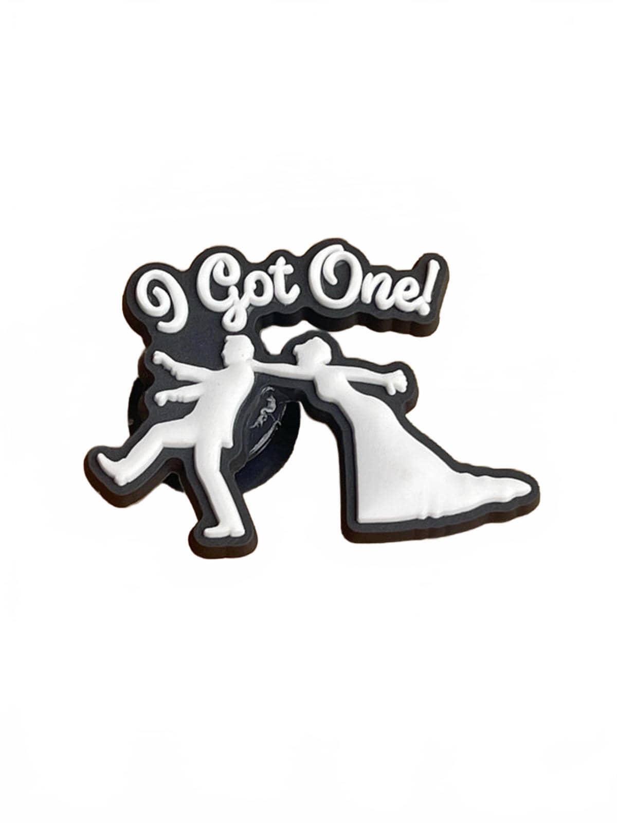 Pin with stick figures in wedding attire and 'Got One!' text on a white background