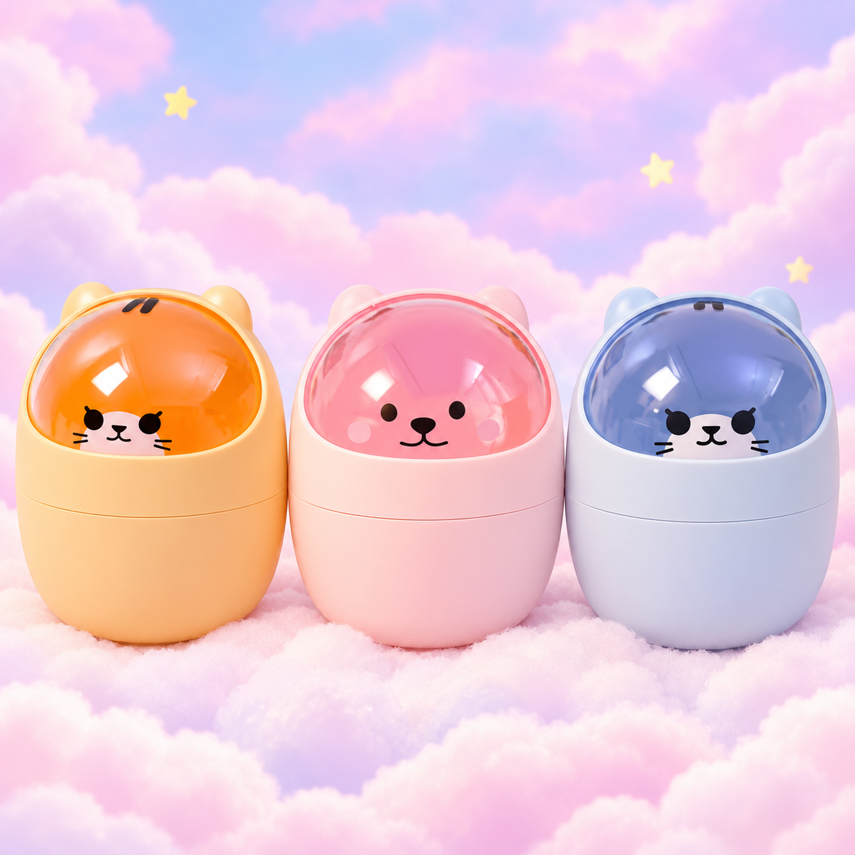 Orange cat, pink bear and blue cat mini desk bins together on pastel clouds.
