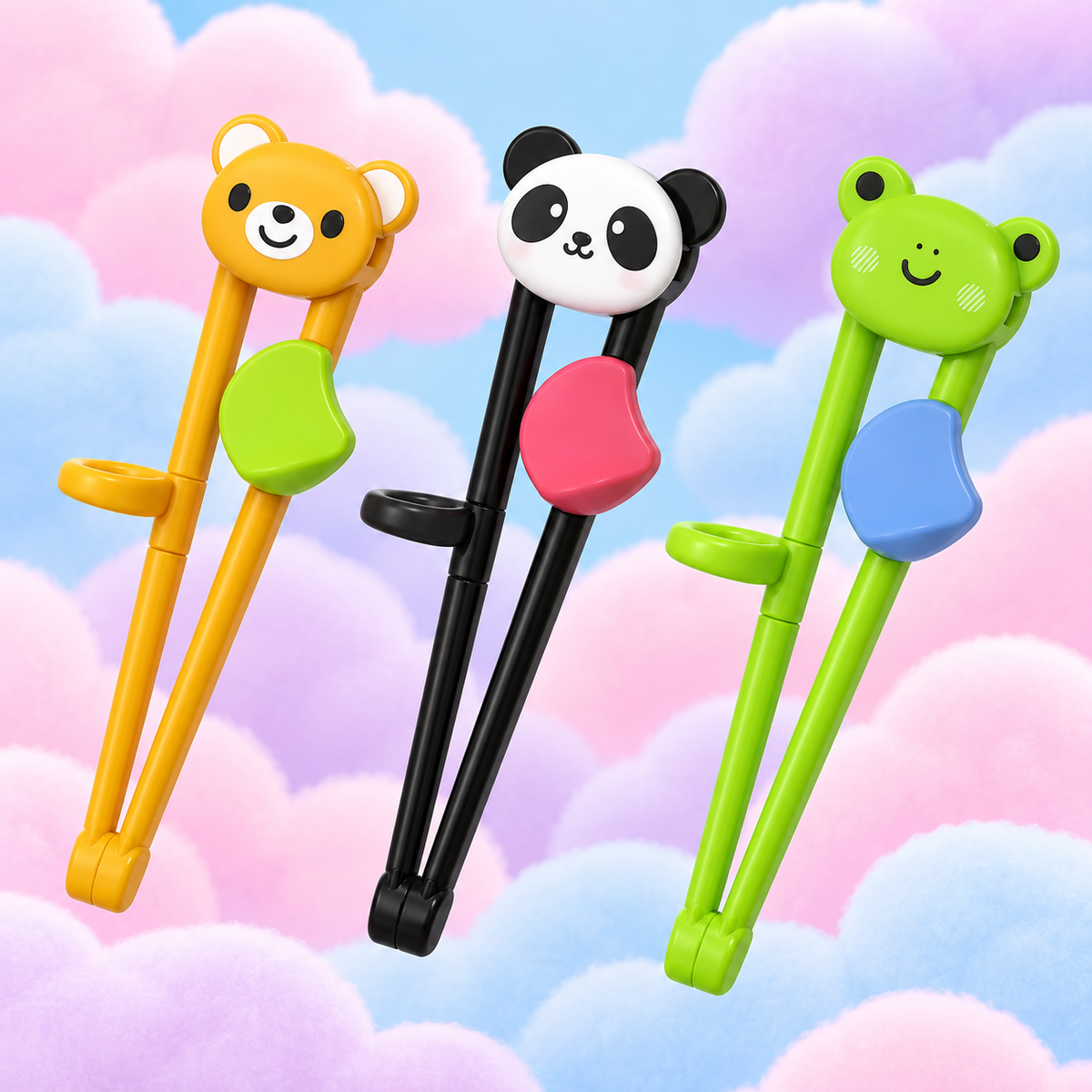 Packaged yellow bear, panda and green frog training chopsticks on fluffy pastel clouds.