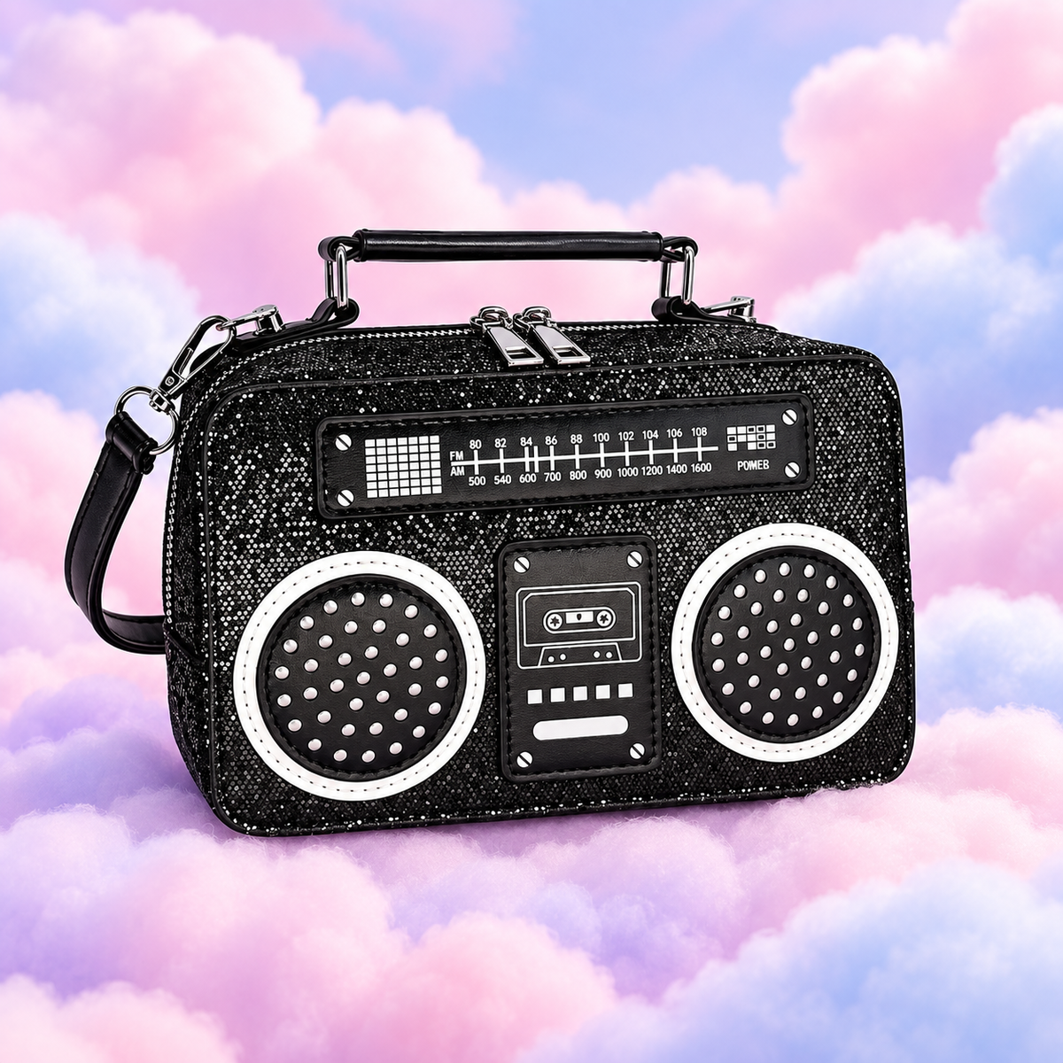 Glittery black retro boombox handbag with a top handle and wrist strap on fluffy pastel clouds.