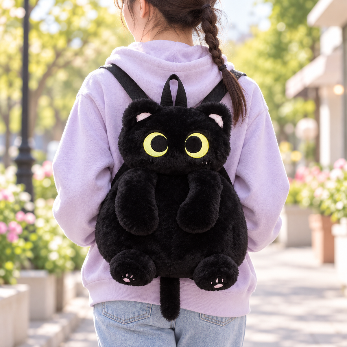 Person wearing a black plush cat backpack with yellow-green eyes and a hanging black tail.
