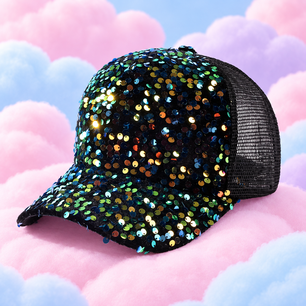 sequin-trucker-capBlack mesh trucker cap with multicolour sequins on fluffy pastel clouds.
