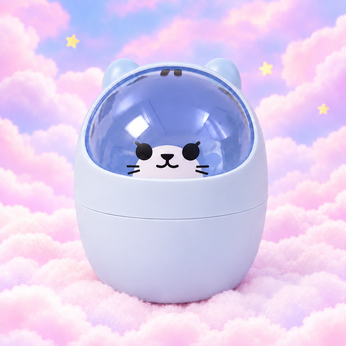 Blue cat mini desk bin with a translucent swing lid on pastel clouds.