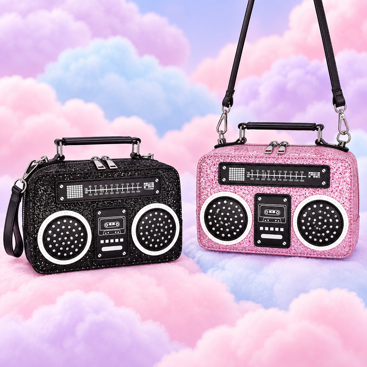 Glittery black and pink boombox handbags together on fluffy pastel clouds.