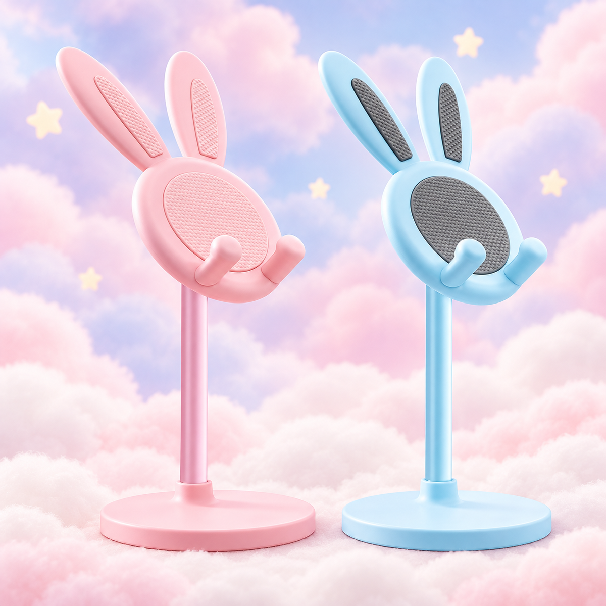 Pink and blue bunny phone stands together on a pastel cloud background.