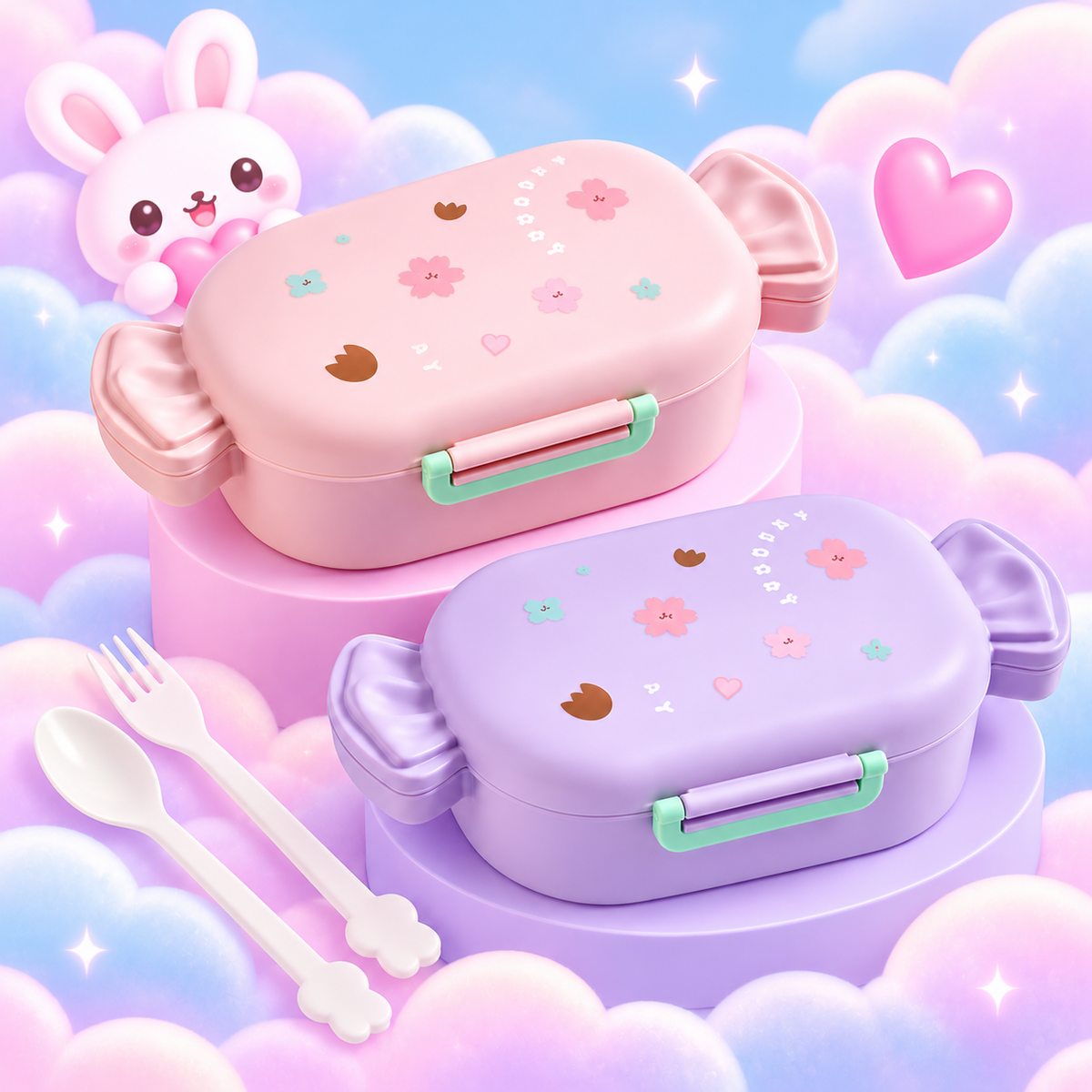 Kawaii candy bento lunch boxes in pastel pink and purple with fork and spoon