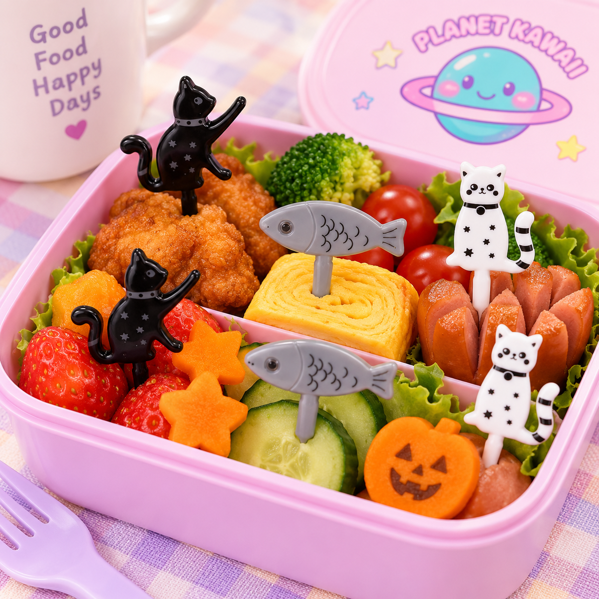 Kawaii black cat white cat and fish food picks in a colourful bento lunch box