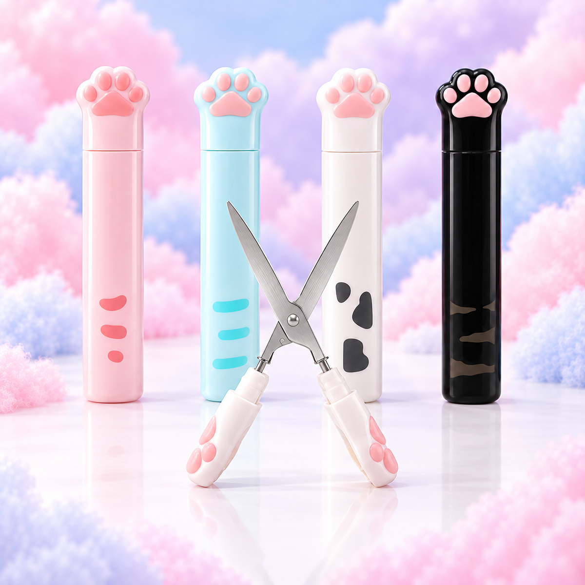Pink, light blue, white cow-print and black cat paw scissors with an opened pink pair showing the scissor blades.