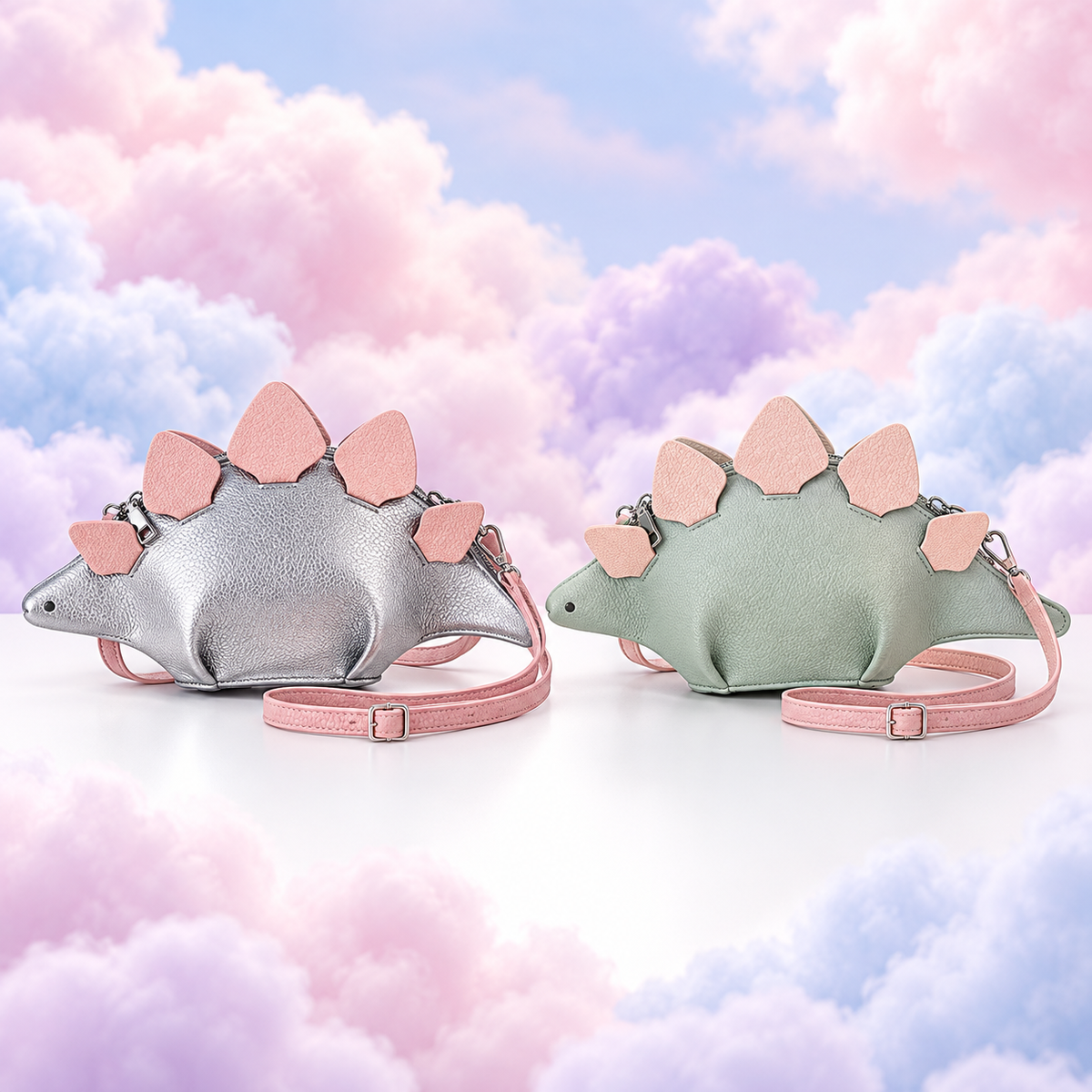 Metallic silver and pastel green stegosaurus crossbody bags with pink plates and adjustable straps.