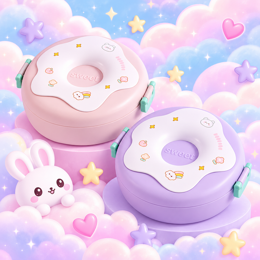 Kawaii donut bento lunch boxes in pastel pink and purple