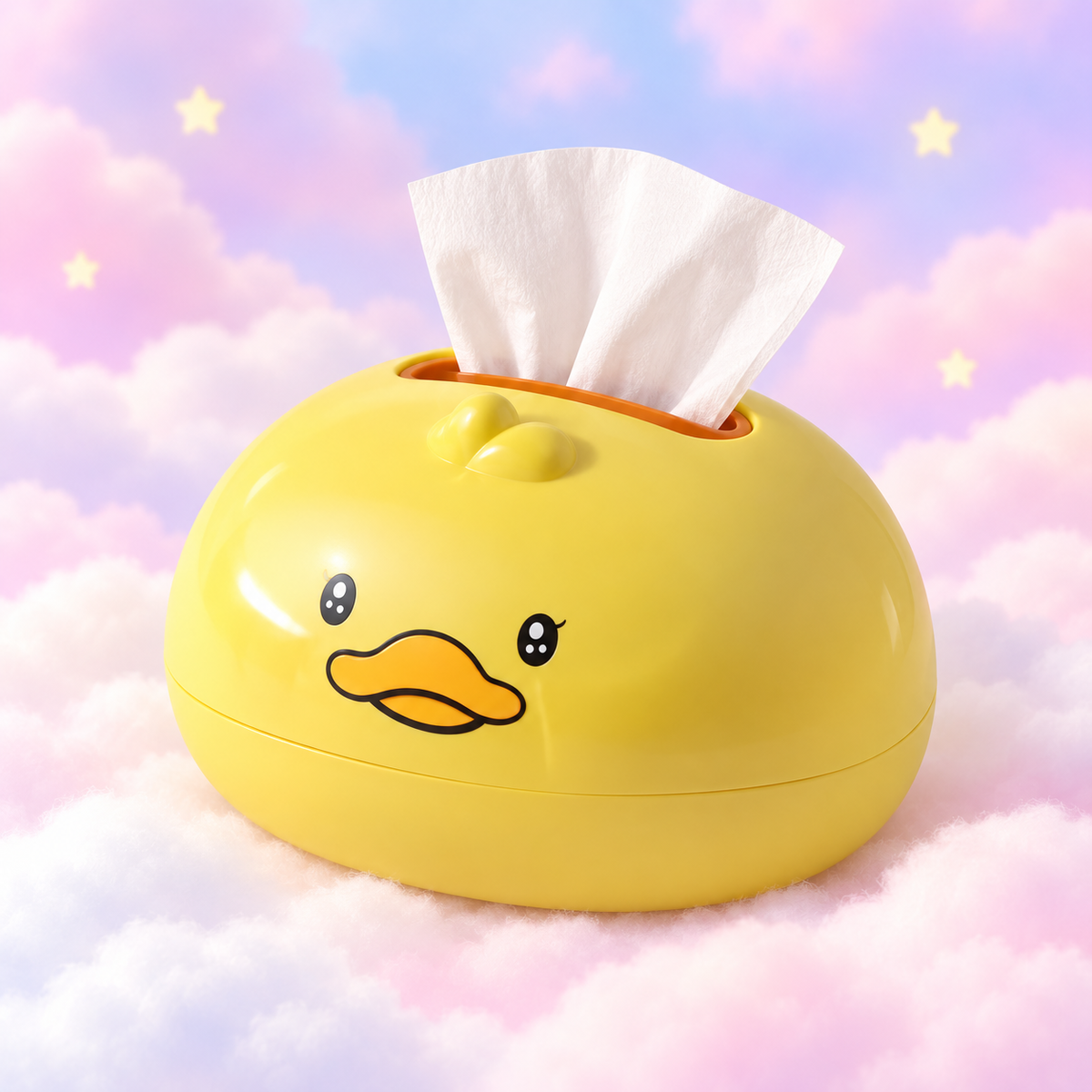 Yellow duck tissue box holder with an orange beak and a white tissue emerging from the top, on a pastel cloud background.
