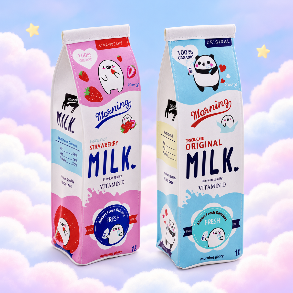 Pink strawberry milk and blue original milk carton pencil cases on pastel clouds