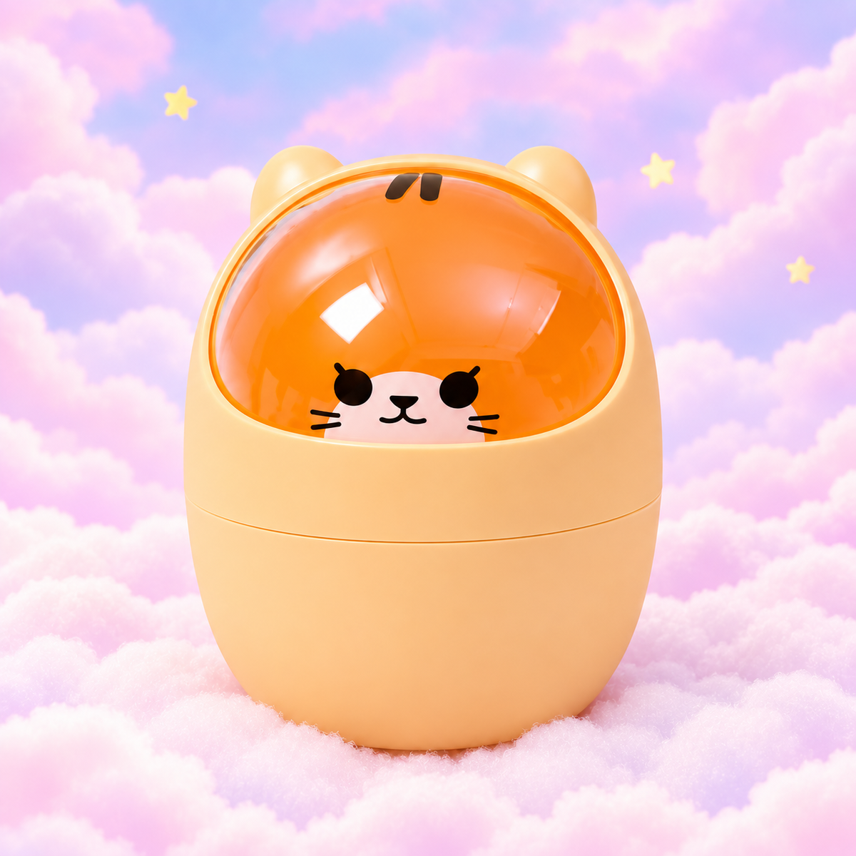 Orange cat mini desk bin with a translucent swing lid on pastel clouds.