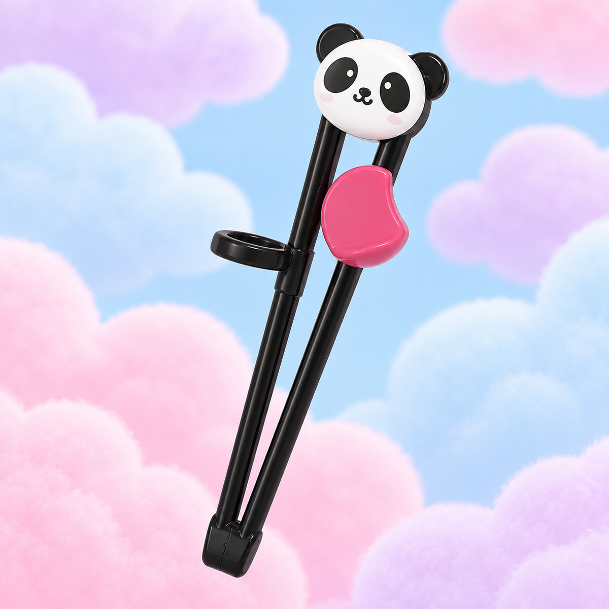 Packaged panda training chopsticks with a guide ring on fluffy pastel clouds.