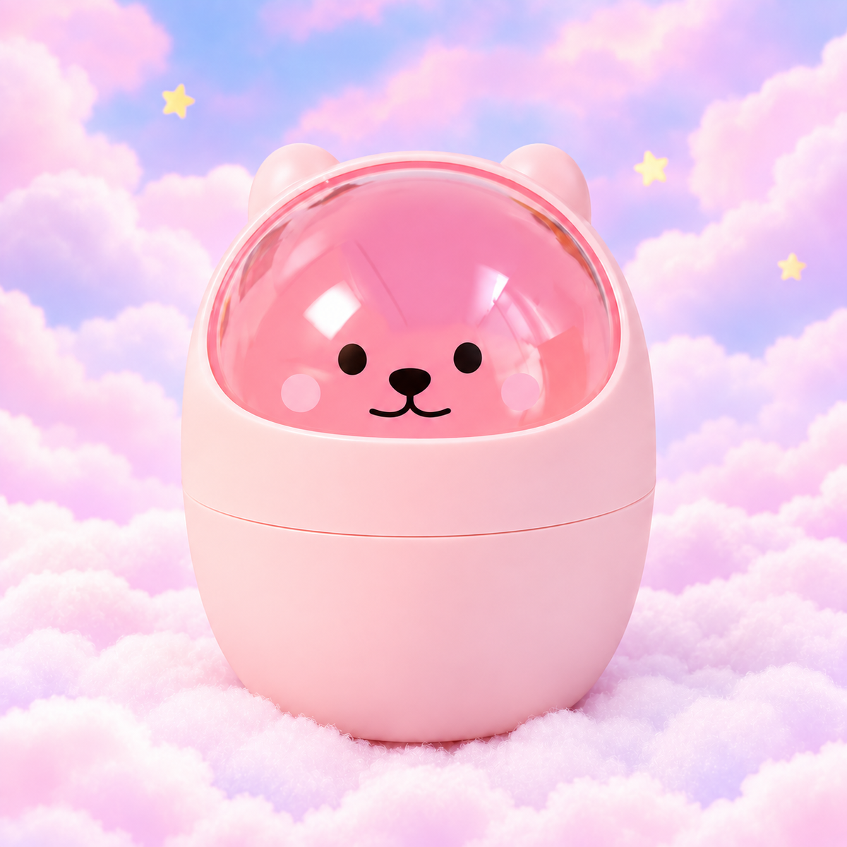 Pink bear mini desk bin with a translucent swing lid on pastel clouds.