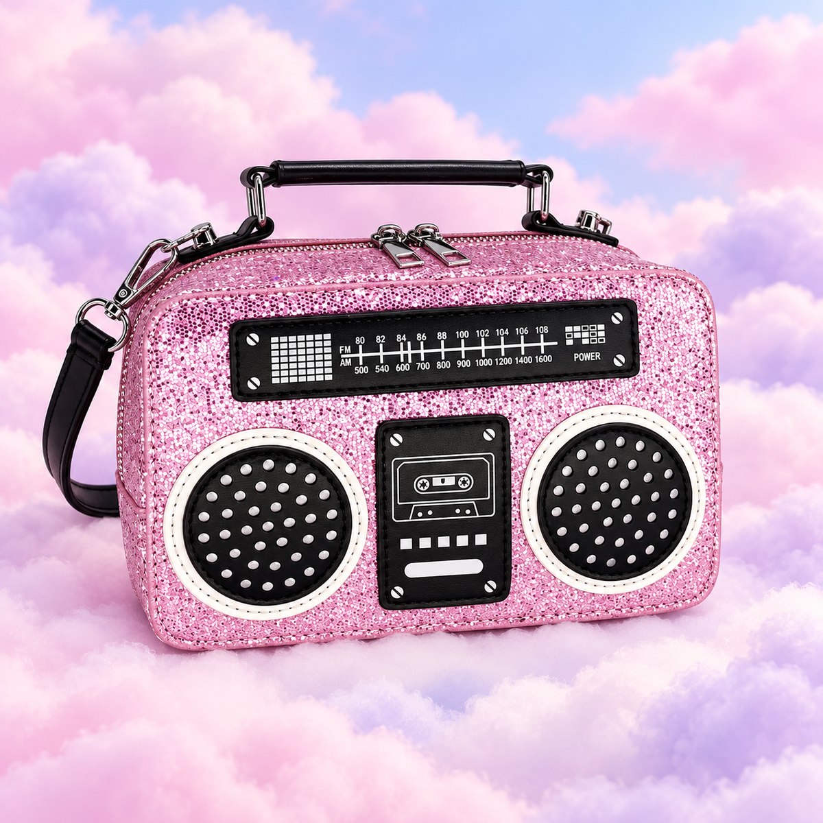 Glittery pink retro boombox handbag with a top handle and detachable shoulder strap on fluffy pastel clouds.