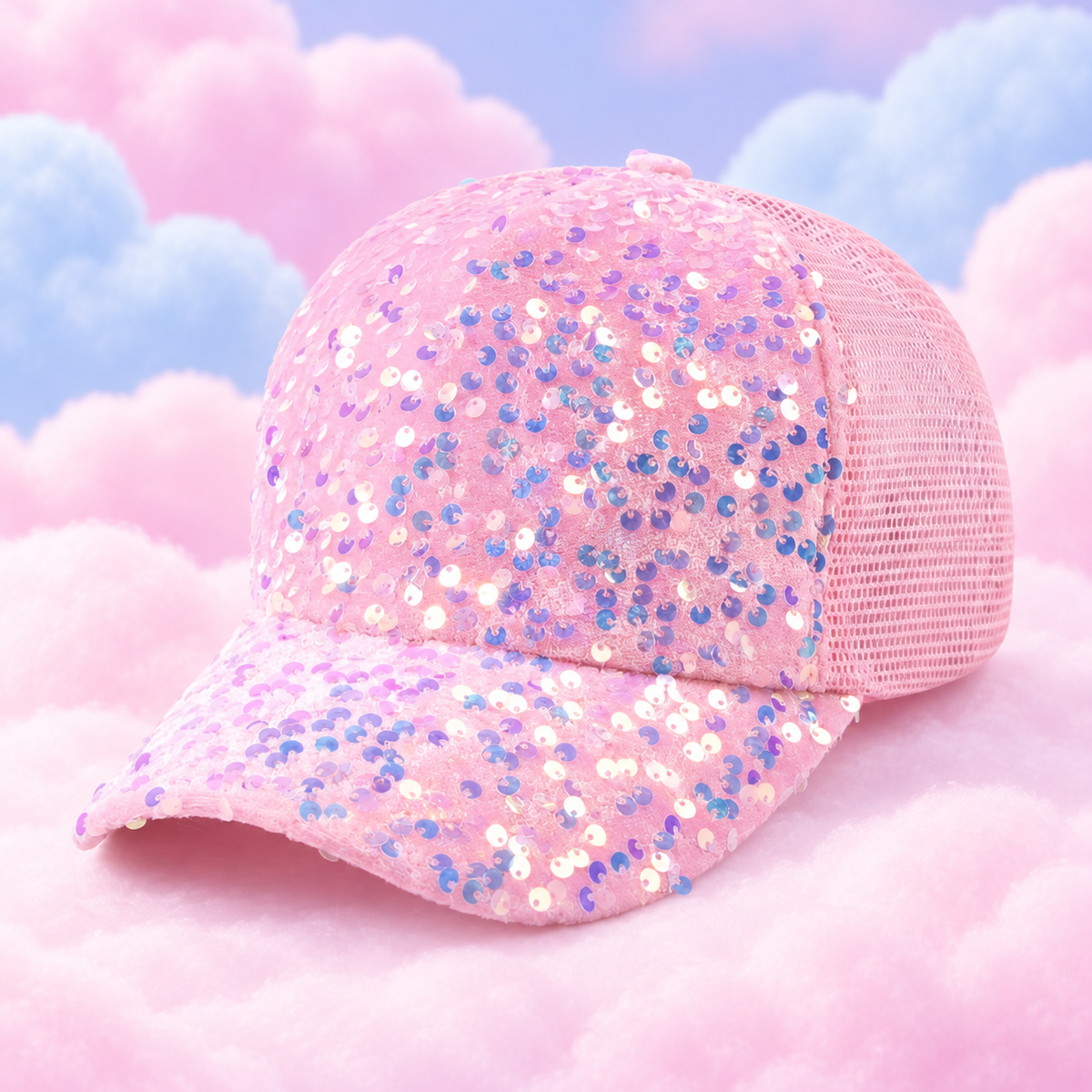 Pastel pink mesh trucker cap with pink, lilac and blue sequins on fluffy pastel clouds.