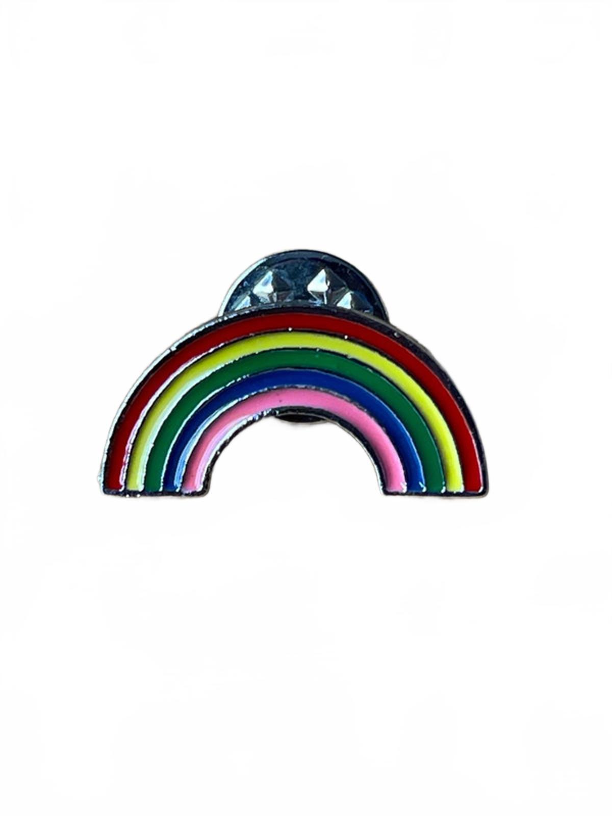 Cute rainbow-shaped enamel pin on a white background