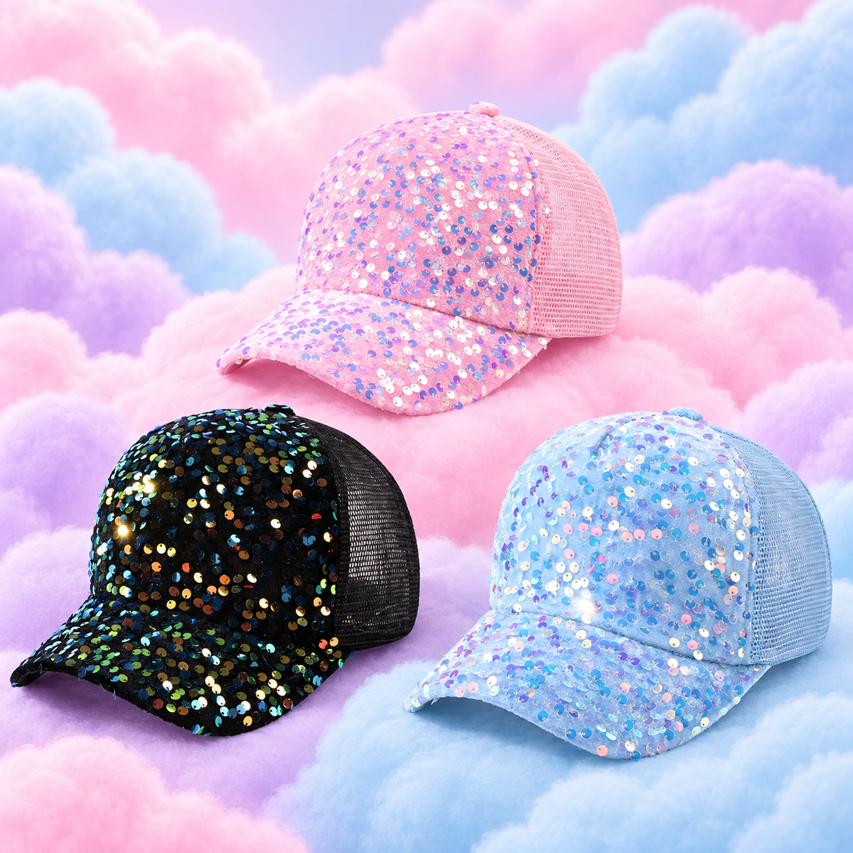 Black, pastel pink and pastel blue sequin trucker caps on fluffy pastel clouds.