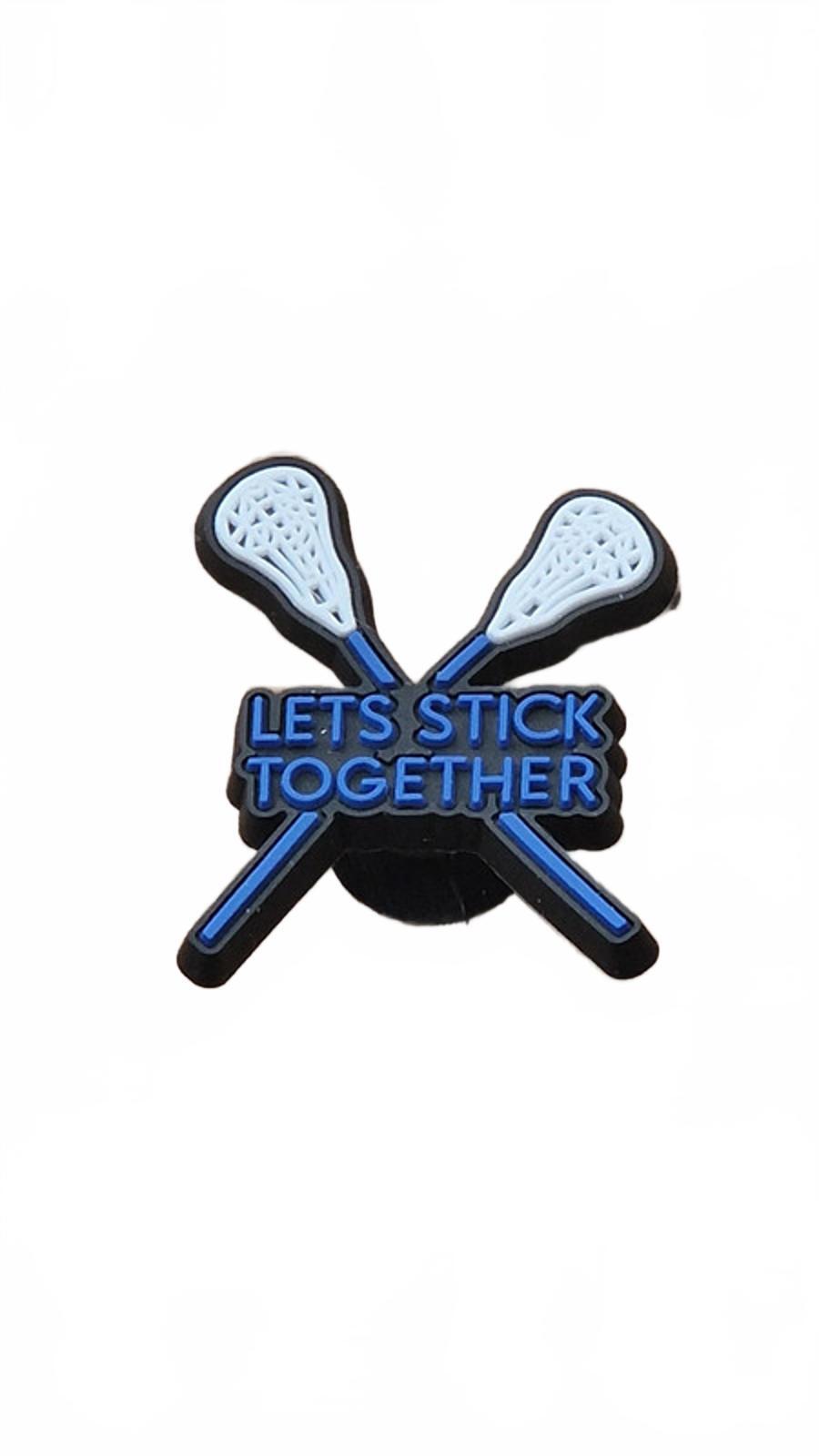2 lacrosse sticks crossed let's stick together blue badge shoe charm
