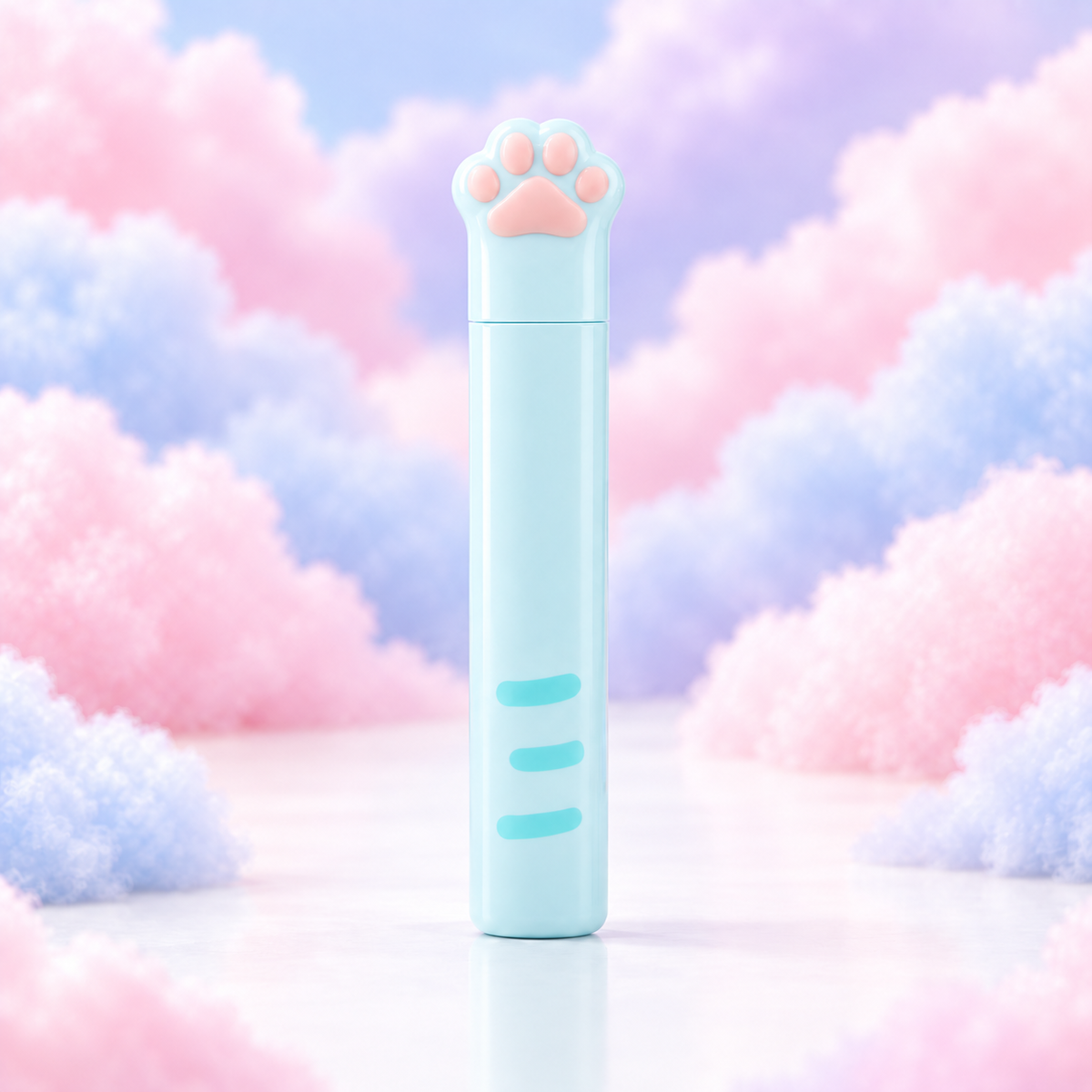 Light blue compact cat paw scissors in a protective case on pastel clouds.