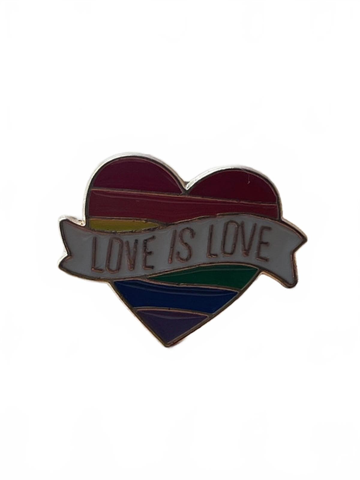 Heart-shaped enamel pin with rainbow banner and 'Love is Love' text on a white background