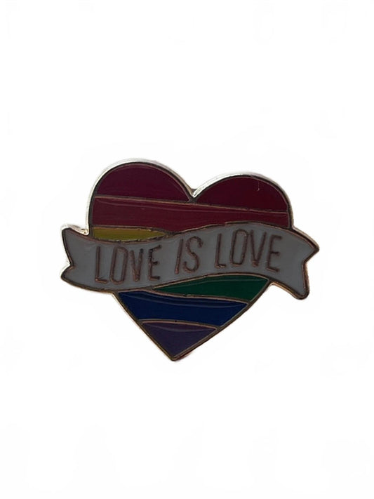 Heart-shaped enamel pin with rainbow banner and 'Love is Love' text on a white background