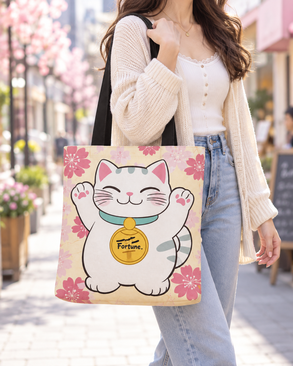 Person carrying a lucky cat tote bag with pink cherry blossom print.